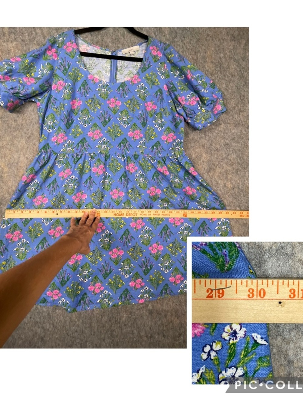 LOFT Linen Periwinkle Floral Print Puff Sleeve Mini BabyDoll A-Line Dress Sz 14 - Picture 15 of 16
